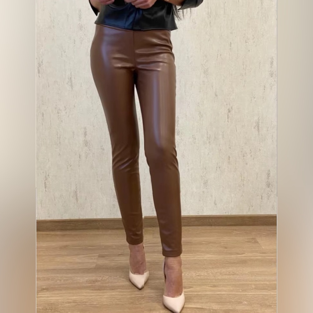 Femme Luxe Women Brown Faux Leather High-Waisted Pull On Pants Split Hem Size 12